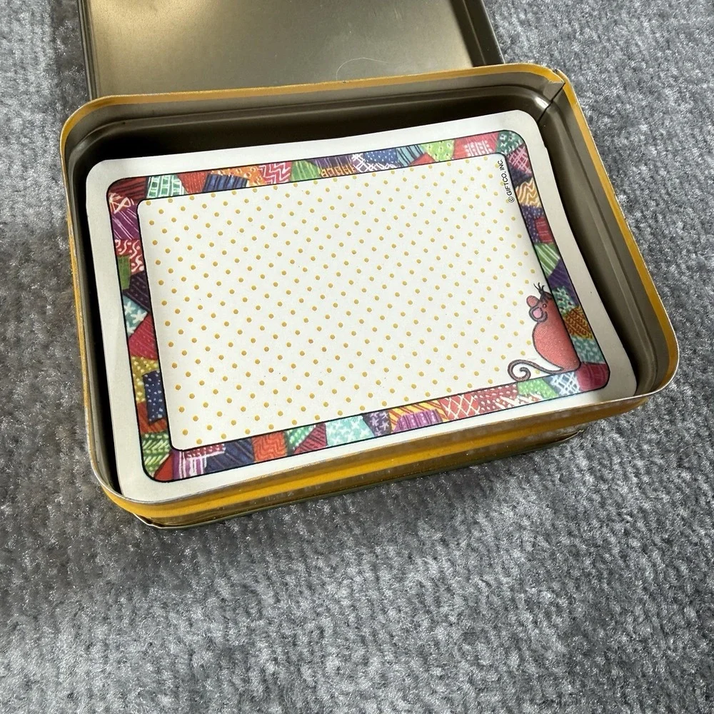 Vintage Patchwork Cat Metal Tin Yellow Notepaper Storage